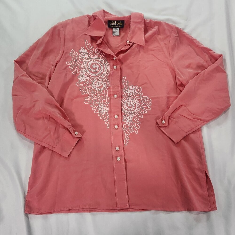Bob Mackie Women Button Top Sz L Pink Embroidered Rodeo Glam